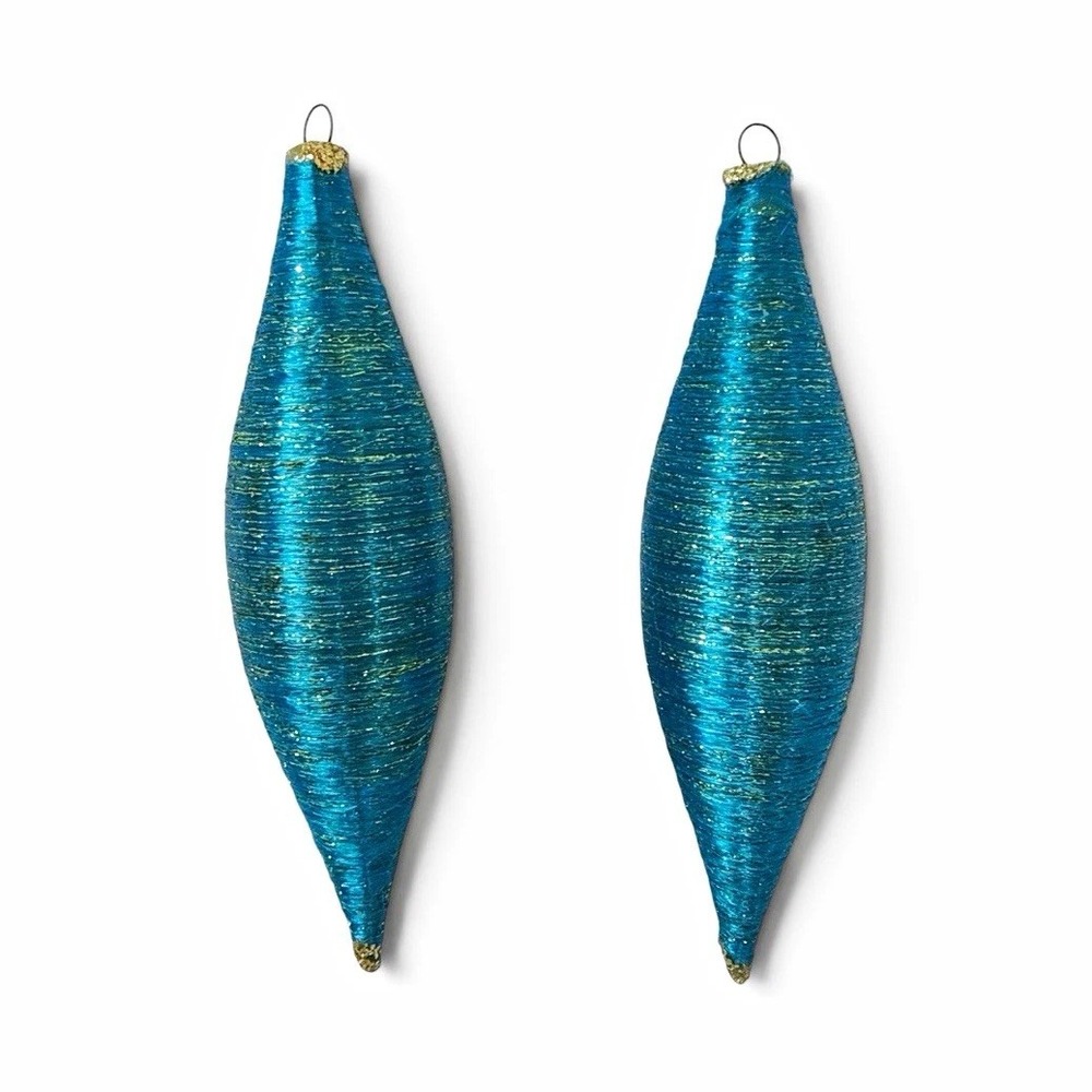 Blue Glitter Satin Sheen Teardrop Finial Christmas Ornaments Set of 2, 5in